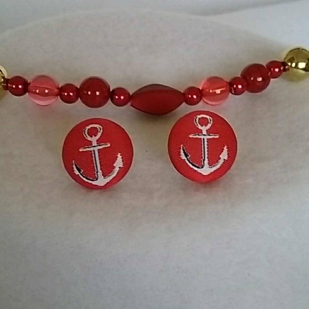 Red fabric anchor print post earrings